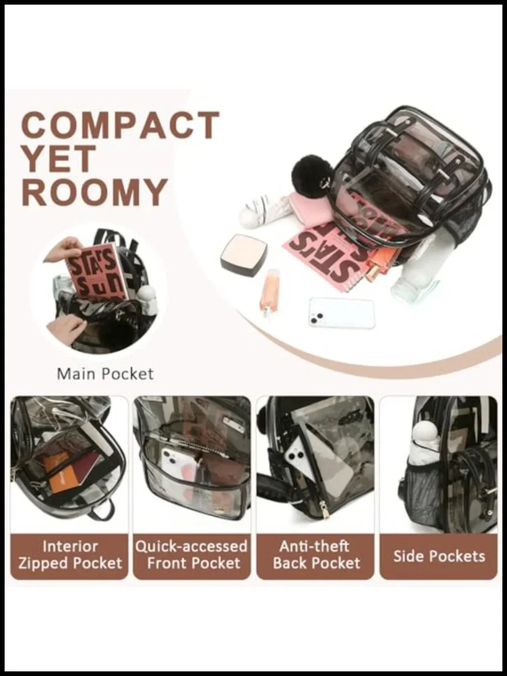 Clear Backpack for Stadium Events, Small Transparent Bookbag for Women Girls